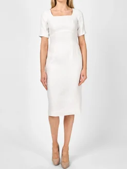 Favourbrook Araminta Short Sleeve Dress Ivory Herringbone Crease Resist Linen-Women Raceday | Dresses