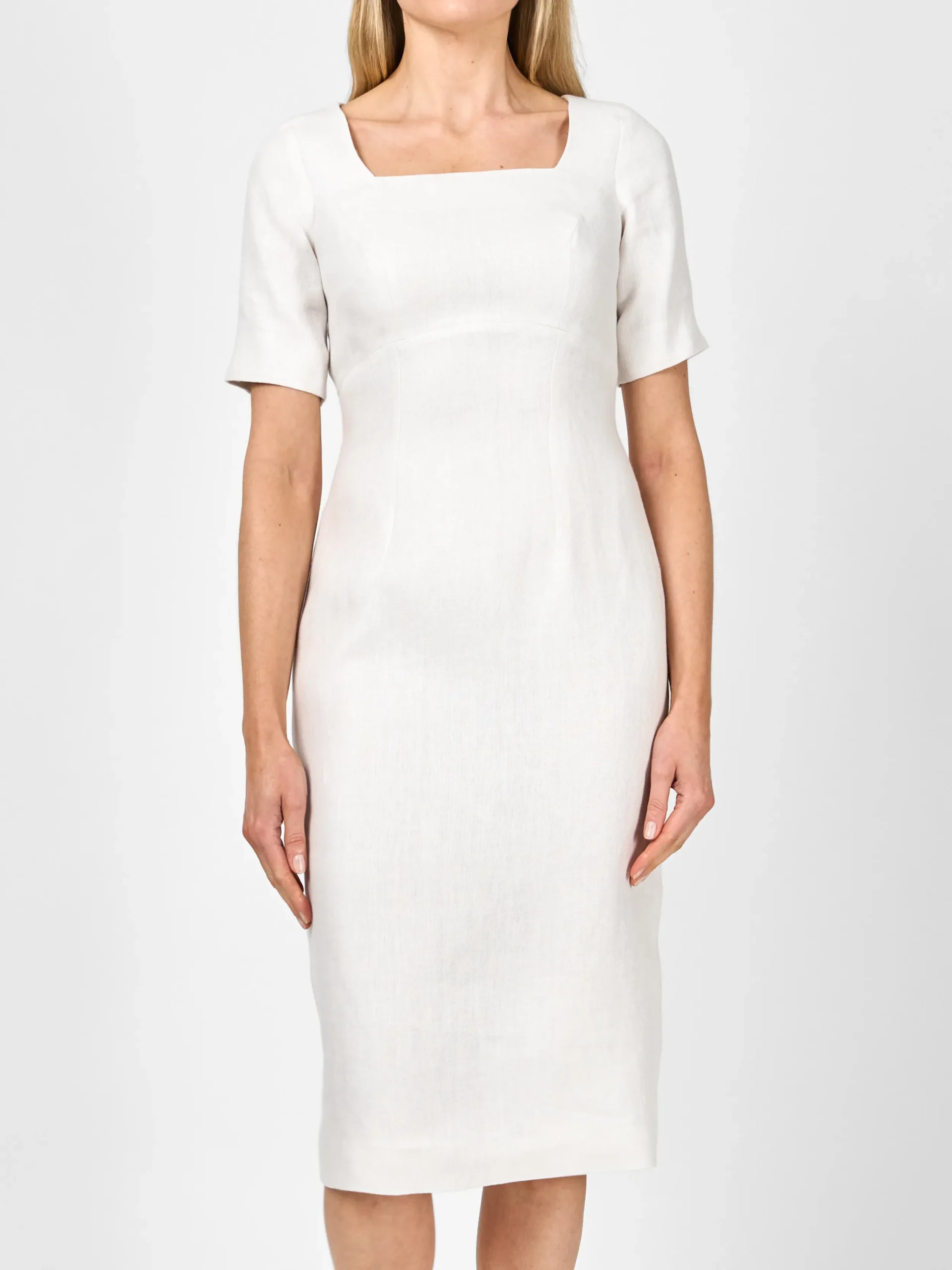 Favourbrook Araminta Short Sleeve Dress Ivory Herringbone Crease Resist Linen-Women Raceday | Dresses