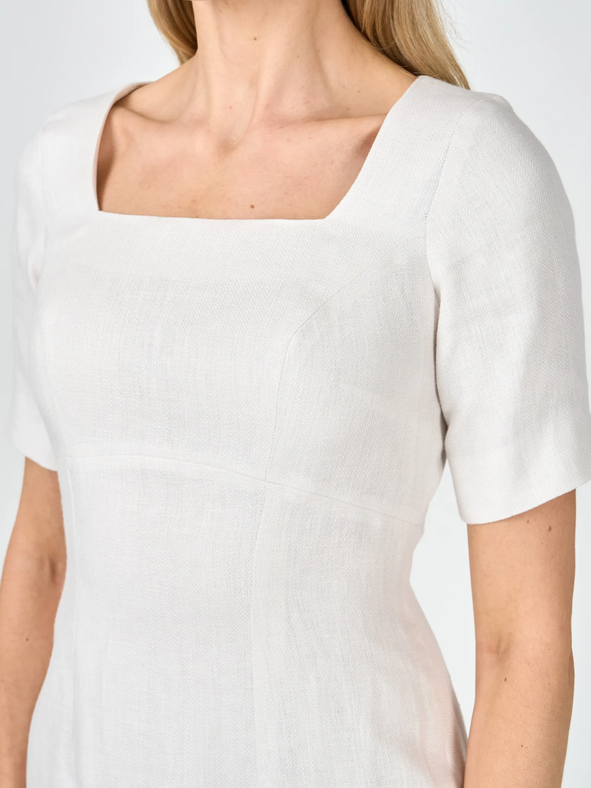 Favourbrook Araminta Short Sleeve Dress Ivory Herringbone Crease Resist Linen-Women Raceday | Dresses
