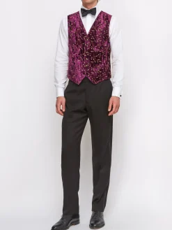 Favourbrook Aubergine Lurex Berries Velvet Single Breasted 6 Button Waistcoat- Waistcoats | Single Breasted Waistcoats