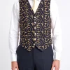 Favourbrook BD Navy Gold Swirl Linen Single Breasted 6 Button Waistcoat- Waistcoats | Single Breasted Waistcoats
