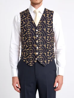 Favourbrook BD Navy Gold Swirl Linen Single Breasted 6 Button Waistcoat- Waistcoats | Single Breasted Waistcoats