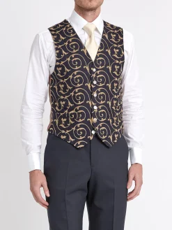 Favourbrook BD Navy Gold Swirl Linen Single Breasted 6 Button Waistcoat- Waistcoats | Single Breasted Waistcoats
