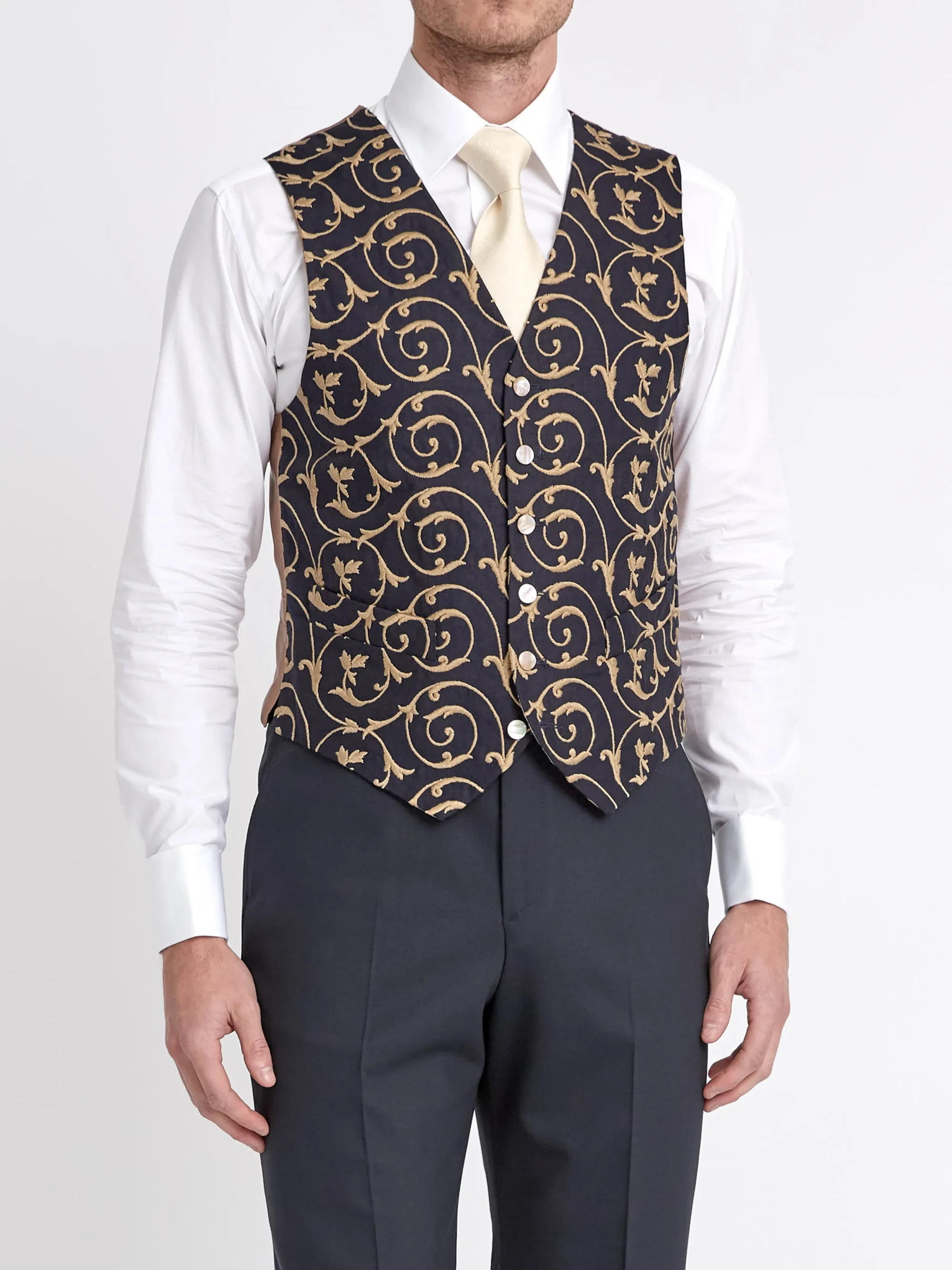 Favourbrook BD Navy Gold Swirl Linen Single Breasted 6 Button Waistcoat- Waistcoats | Single Breasted Waistcoats