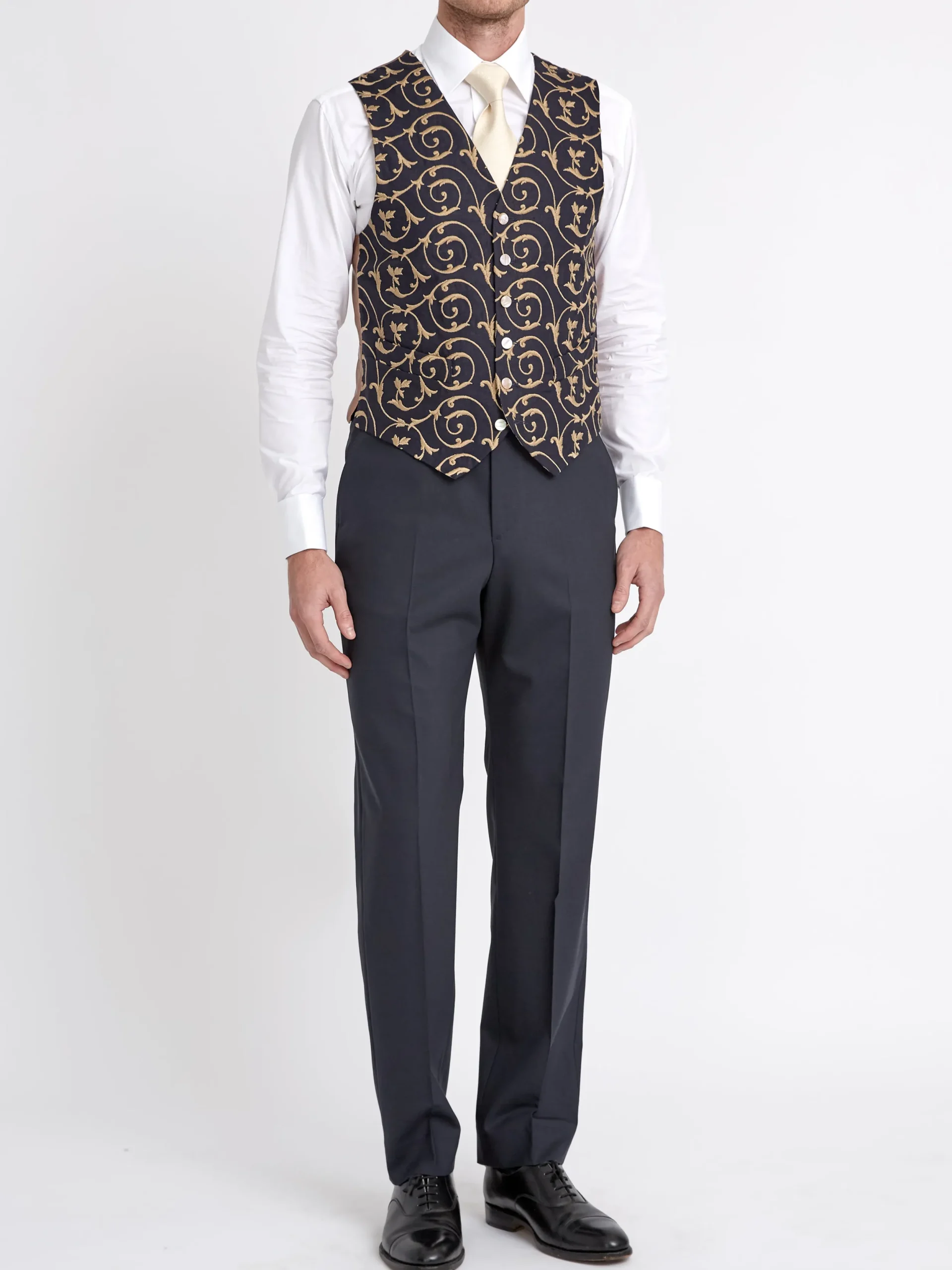 Favourbrook BD Navy Gold Swirl Linen Single Breasted 6 Button Waistcoat- Waistcoats | Single Breasted Waistcoats