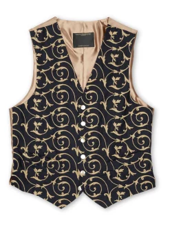 Favourbrook BD Navy Gold Swirl Linen Single Breasted 6 Button Waistcoat- Waistcoats | Single Breasted Waistcoats