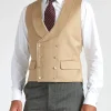 Favourbrook Beige Gabardine Wool Double Breasted 8 Button Shawl Lapel Piped Waistcoat- Groomswear | Waistcoats