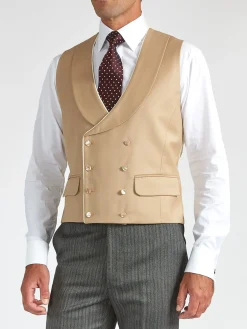 Favourbrook Beige Gabardine Wool Double Breasted 8 Button Shawl Lapel Piped Waistcoat- Groomswear | Waistcoats