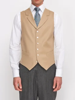 Favourbrook Beige Gabardine Wool Single Breasted 6 Button Notch Lapel Waistcoat- Waistcoats | Single Breasted Waistcoats
