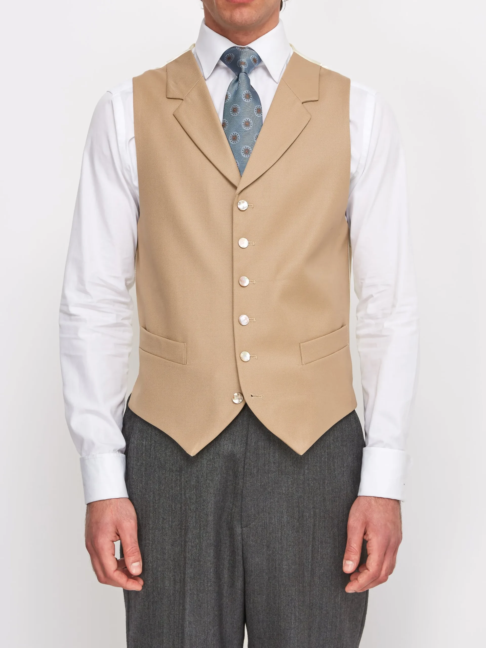Favourbrook Beige Gabardine Wool Single Breasted 6 Button Notch Lapel Waistcoat- Waistcoats | Single Breasted Waistcoats