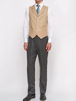 Favourbrook Beige Gabardine Wool Single Breasted 6 Button Notch Lapel Waistcoat- Waistcoats | Single Breasted Waistcoats