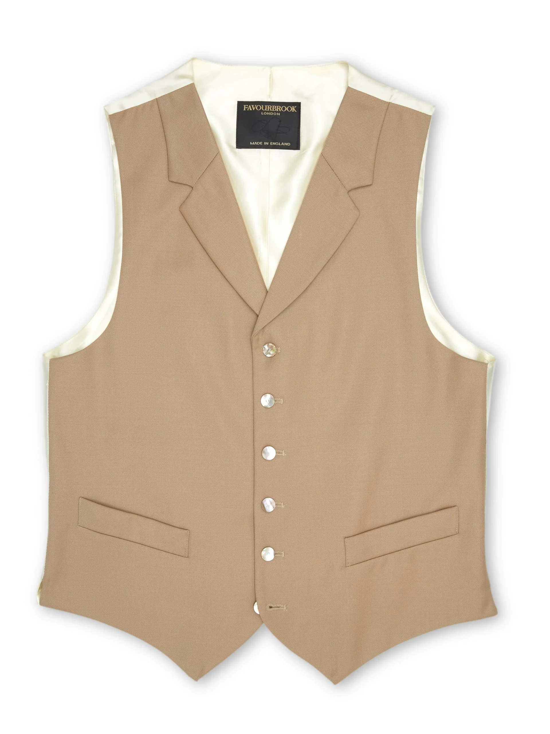 Favourbrook Beige Gabardine Wool Single Breasted 6 Button Notch Lapel Waistcoat- Waistcoats | Single Breasted Waistcoats