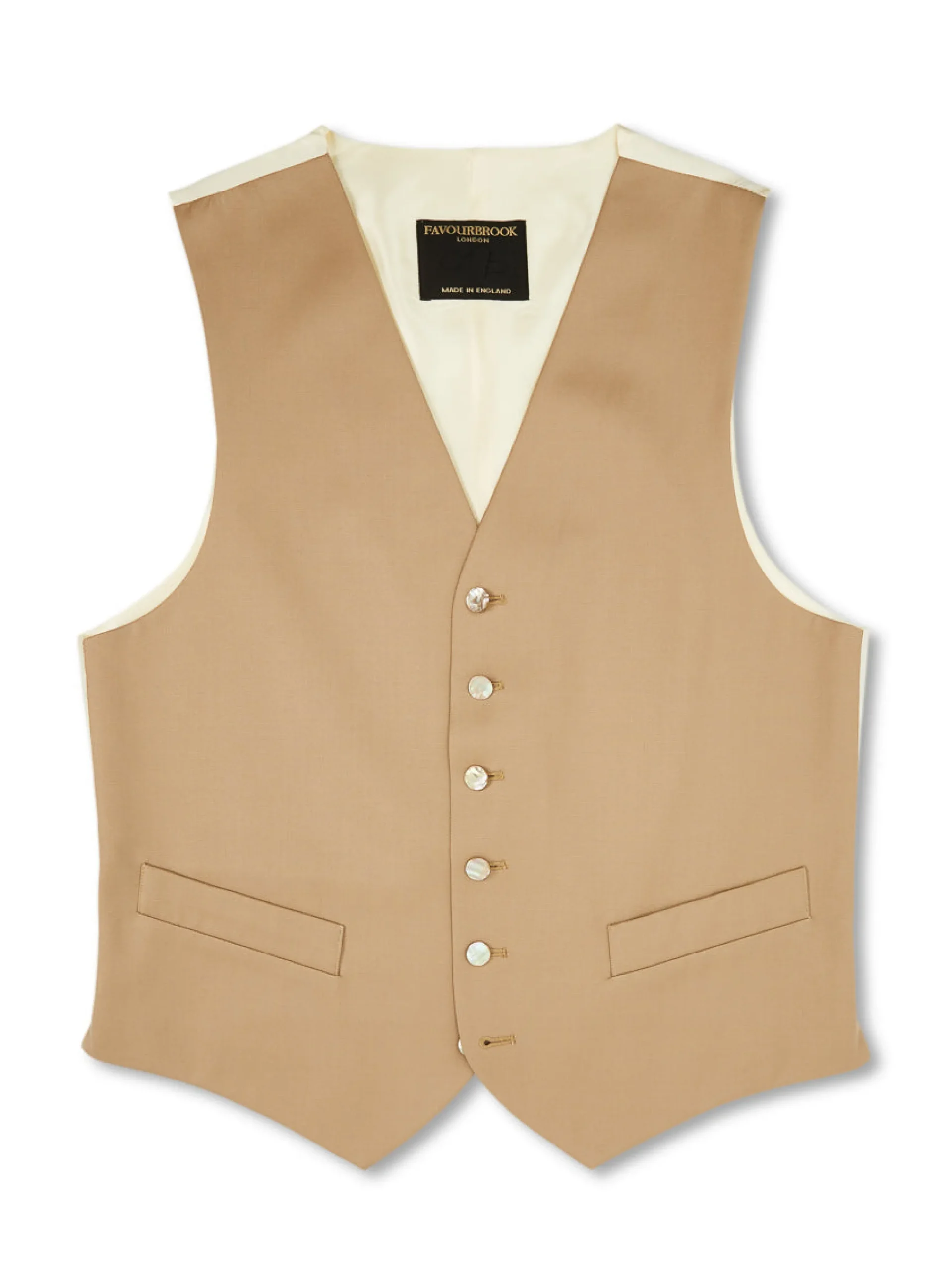 Favourbrook Beige Gabardine Wool Single Breasted 6 Button Waistcoat- Waistcoats | Royal Ascot Waistcoats