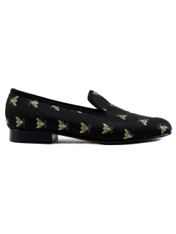 Favourbrook Black Bees Silk & Leather Slippers- Slippers