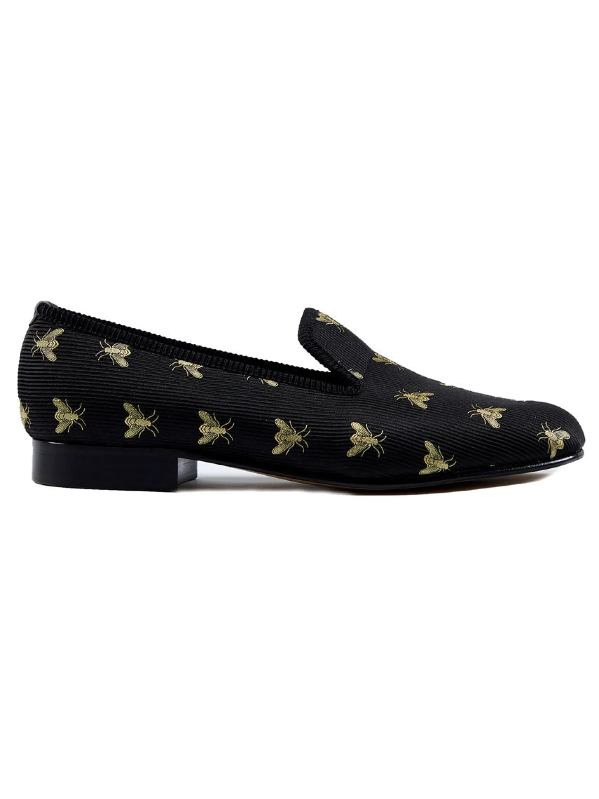 Favourbrook Black Bees Silk & Leather Slippers- Slippers