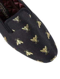 Favourbrook Black Bees Silk & Leather Slippers- Slippers