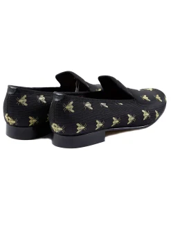 Favourbrook Black Bees Silk & Leather Slippers- Slippers