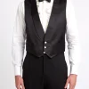 Favourbrook Black Duchesse Satin Silk Single Breasted 3 Button Shawl Lapel Waistcoat- Waistcoats | Single Breasted Waistcoats