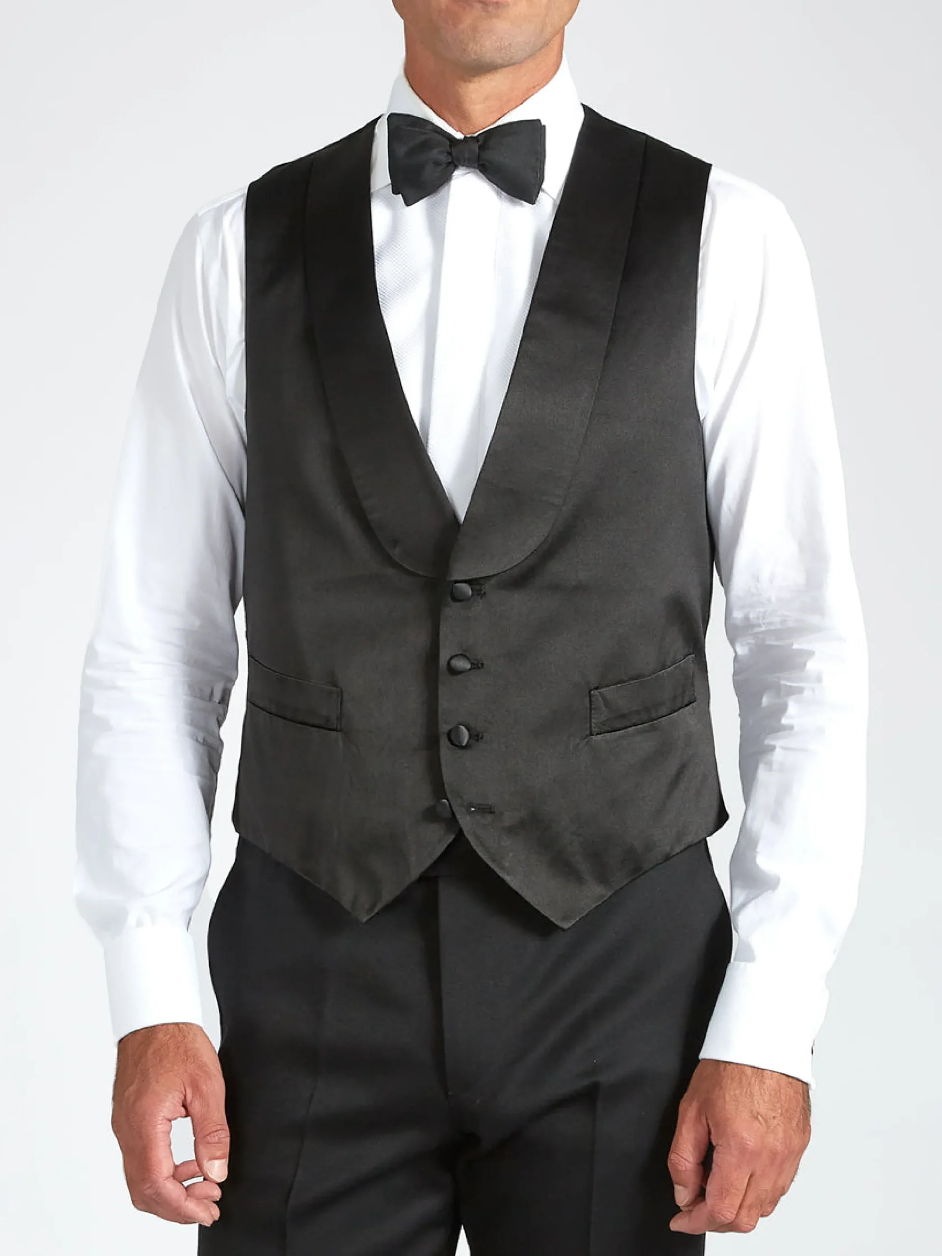Favourbrook Black Duchesse Satin Silk Single Breasted 4 Button Shawl Lapel Waistcoat- Eveningwear | Waistcoats
