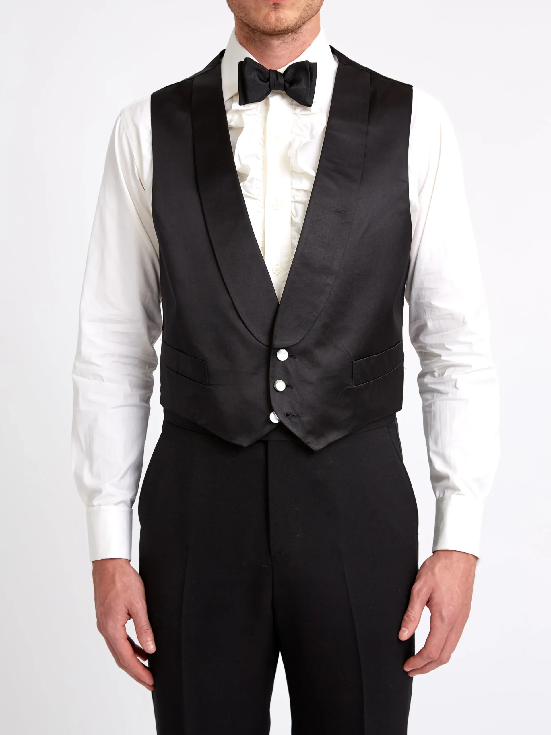 Favourbrook Black Duchesse Satin Silk Single Breasted 3 Button Shawl Lapel Waistcoat- Waistcoats | Single Breasted Waistcoats