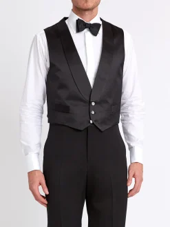 Favourbrook Black Duchesse Satin Silk Single Breasted 3 Button Shawl Lapel Waistcoat- Waistcoats | Single Breasted Waistcoats