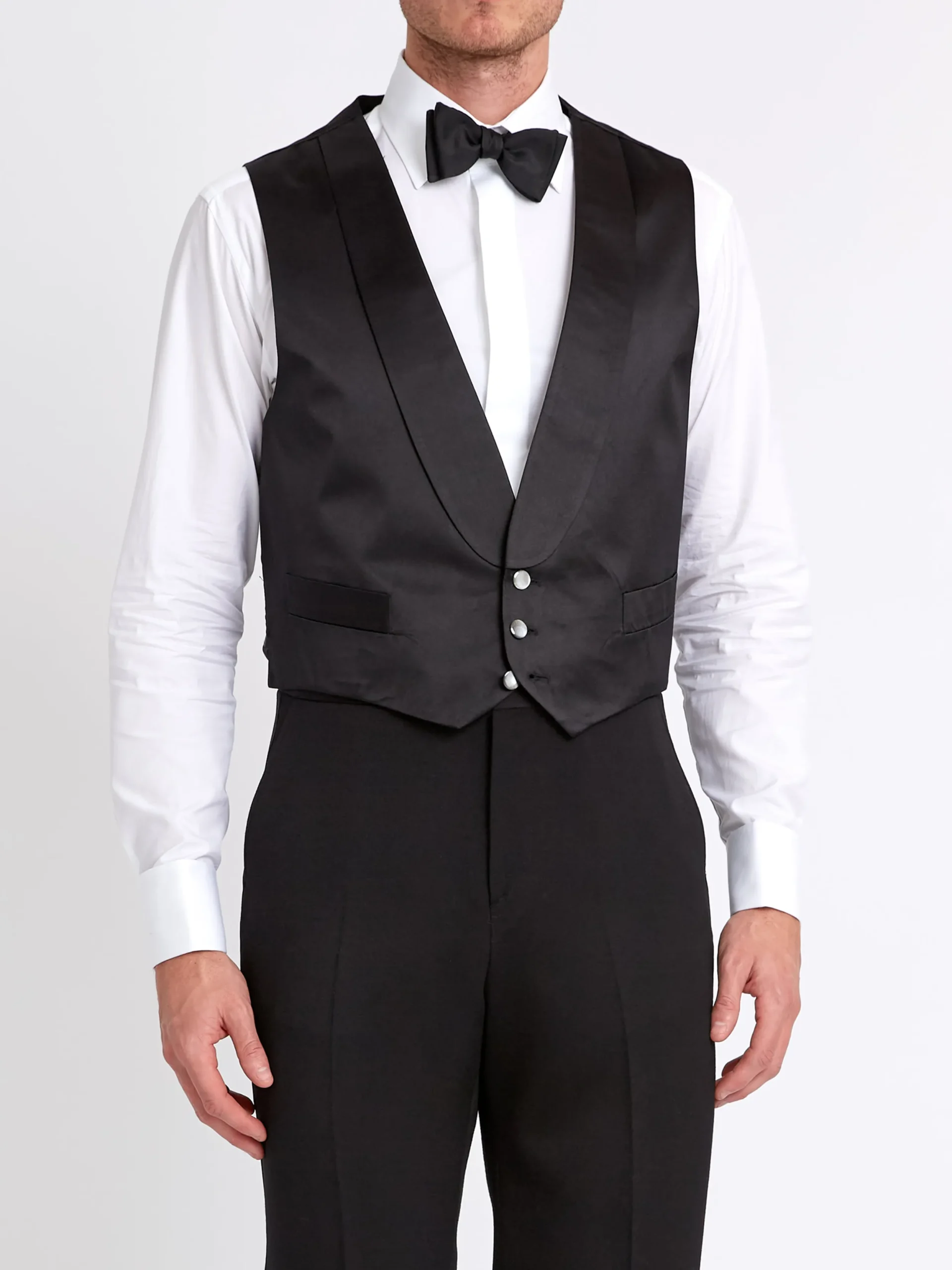 Favourbrook Black Duchesse Satin Silk Single Breasted 3 Button Shawl Lapel Waistcoat- Waistcoats | Single Breasted Waistcoats
