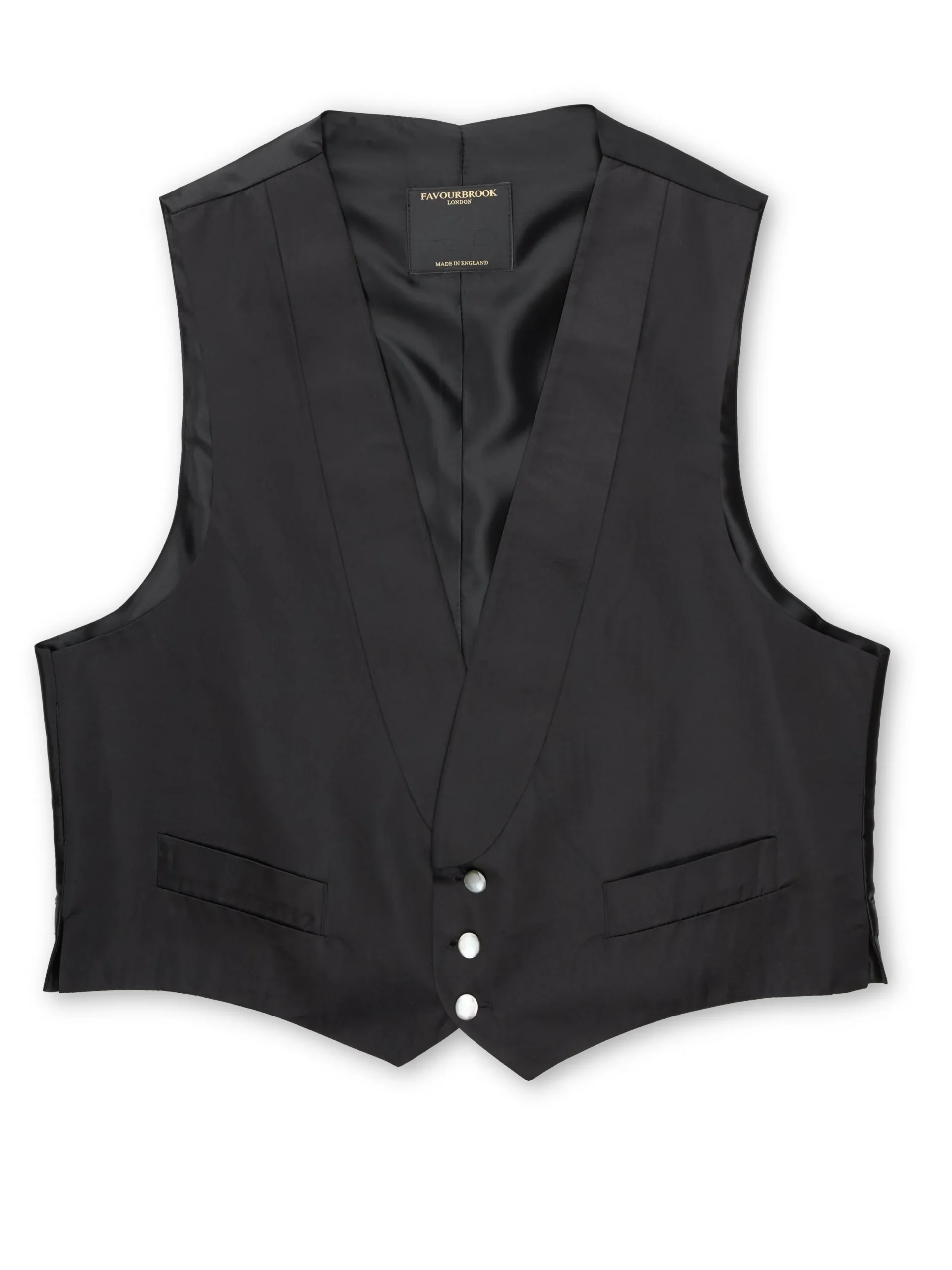 Favourbrook Black Duchesse Satin Silk Single Breasted 3 Button Shawl Lapel Waistcoat- Waistcoats | Single Breasted Waistcoats