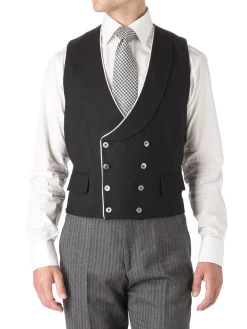 Favourbrook Black Gabardine Wool Double Breasted 8 Button Shawl Lapel Piped Waistcoat- Waistcoats | Royal Ascot Waistcoats
