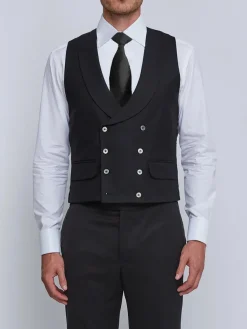 Favourbrook Black Gabardine Wool Double Breasted 8 Button Shawl Lapel Waistcoat- Waistcoats | Shawl Lapel Waistcoats