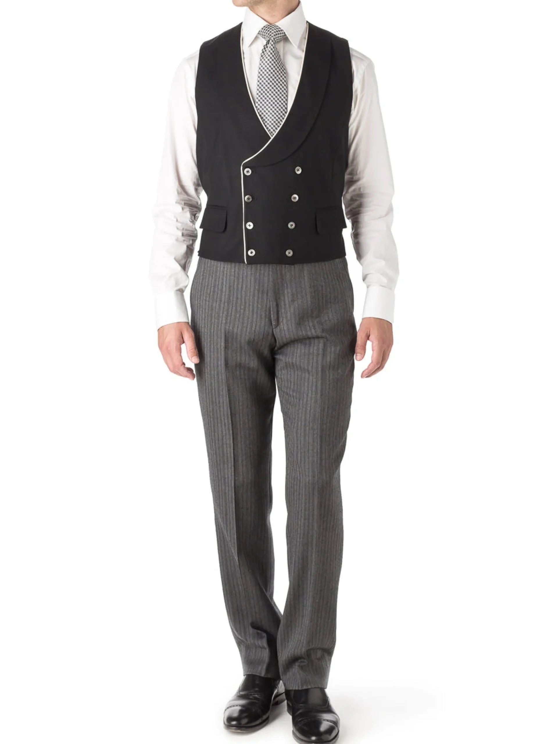 Favourbrook Black Gabardine Wool Double Breasted 8 Button Shawl Lapel Piped Waistcoat- Waistcoats | Royal Ascot Waistcoats