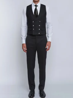 Favourbrook Black Gabardine Wool Double Breasted 8 Button Shawl Lapel Waistcoat- Waistcoats | Shawl Lapel Waistcoats