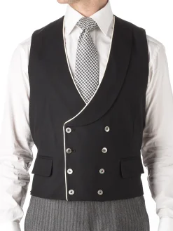 Favourbrook Black Gabardine Wool Double Breasted 8 Button Shawl Lapel Piped Waistcoat- Waistcoats | Royal Ascot Waistcoats