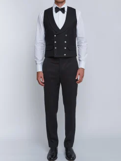Favourbrook Black Gabardine Wool Double Breasted 8 Button Shawl Lapel Waistcoat- Waistcoats | Shawl Lapel Waistcoats