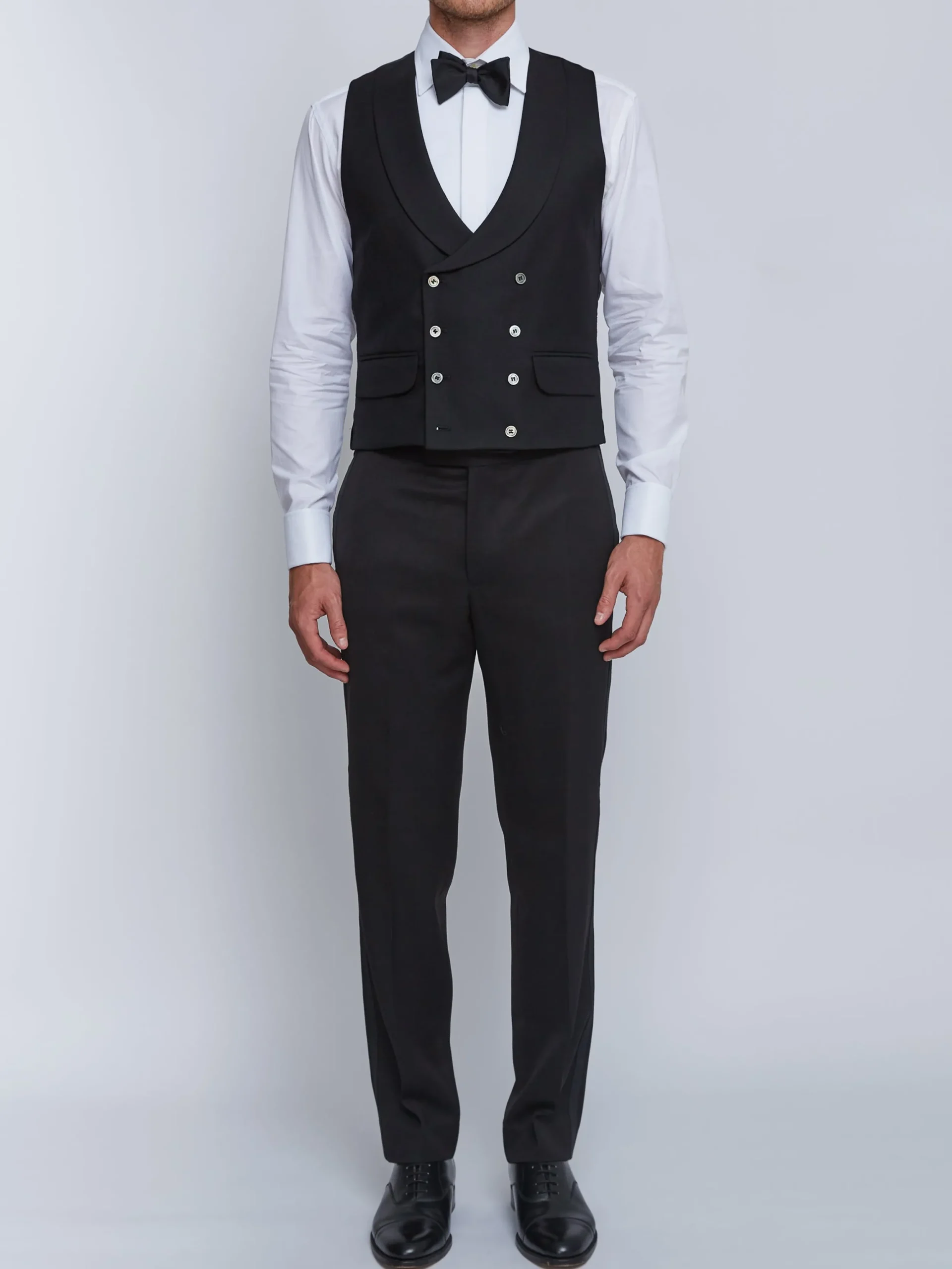 Favourbrook Black Gabardine Wool Double Breasted 8 Button Shawl Lapel Waistcoat- Waistcoats | Shawl Lapel Waistcoats
