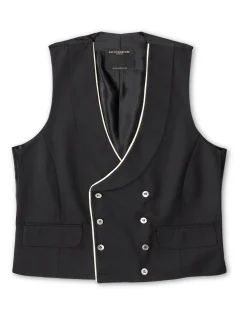 Favourbrook Black Gabardine Wool Double Breasted 8 Button Shawl Lapel Piped Waistcoat- Waistcoats | Royal Ascot Waistcoats