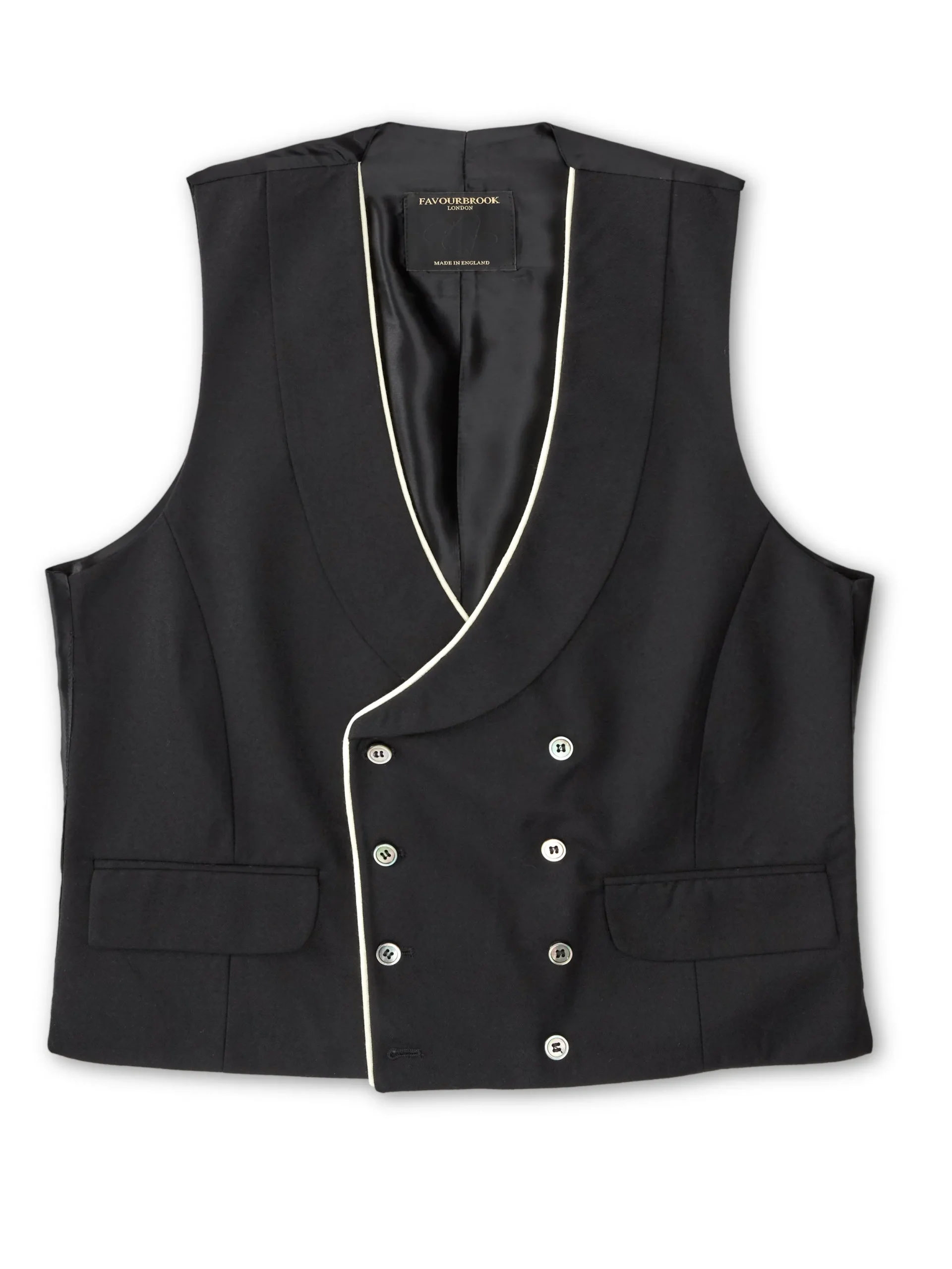 Favourbrook Black Gabardine Wool Double Breasted 8 Button Shawl Lapel Piped Waistcoat- Waistcoats | Royal Ascot Waistcoats