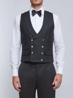 Favourbrook Black Gabardine Wool Double Breasted 8 Button Shawl Lapel Waistcoat- Waistcoats | Shawl Lapel Waistcoats