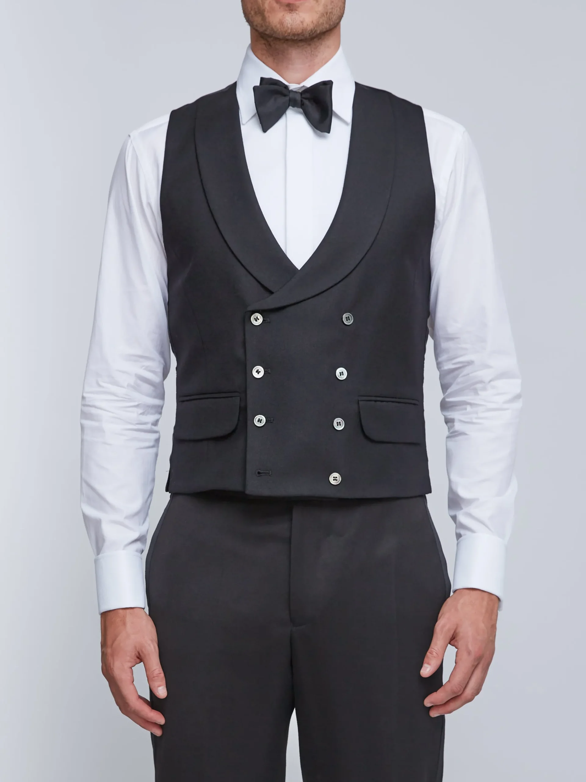 Favourbrook Black Gabardine Wool Double Breasted 8 Button Shawl Lapel Waistcoat- Waistcoats | Shawl Lapel Waistcoats