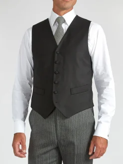 Favourbrook Black Gabardine Wool Single Breasted 6 Button Waistcoat- Waistcoats | Evening Waistcoats