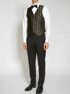 Favourbrook Black Gold Bees Silk Single Breasted 6 Button Waistcoat- Waistcoats | Evening Waistcoats