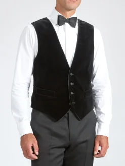Favourbrook Black Velvet Cotton Single Breasted 4 Button Piped Waistcoat- Waistcoats | Evening Waistcoats
