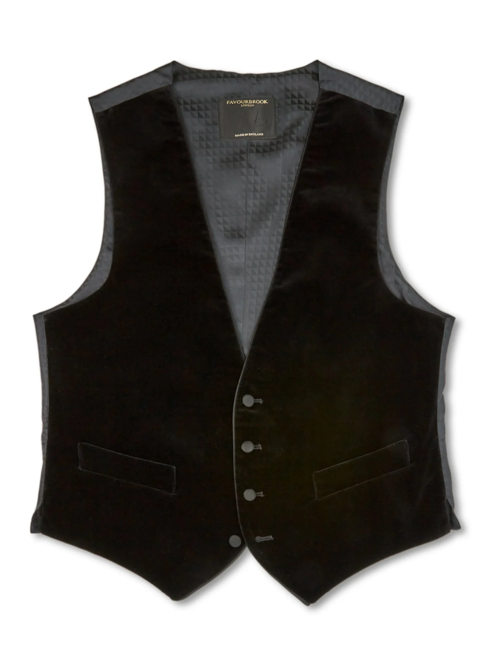 Favourbrook Black Velvet Cotton Single Breasted 4 Button Piped Waistcoat- Waistcoats | Evening Waistcoats