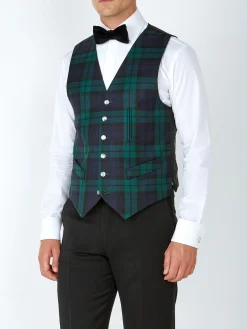 Favourbrook Blackwatch Tartan Wool Single Breasted 6 Button Waistcoat with Ticket Pocket- Waistcoats | Evening Waistcoats