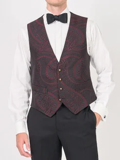 Favourbrook Burgundy Heathcote Paisley Single Breasted 4 Button Piped Waistcoat- Waistcoats | Single Breasted Waistcoats