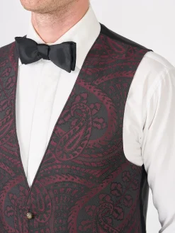 Favourbrook Burgundy Heathcote Paisley Single Breasted 4 Button Piped Waistcoat- Waistcoats | Single Breasted Waistcoats