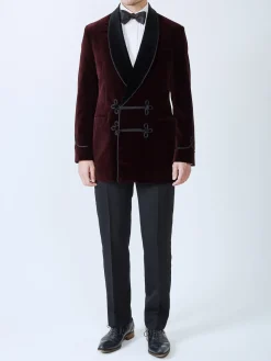 Favourbrook Burgundy Velvet Double Breasted Smoking Jacket- Eveningwear | Velvet Jackets