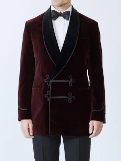 Favourbrook Burgundy Velvet Double Breasted Smoking Jacket- Eveningwear | Velvet Jackets