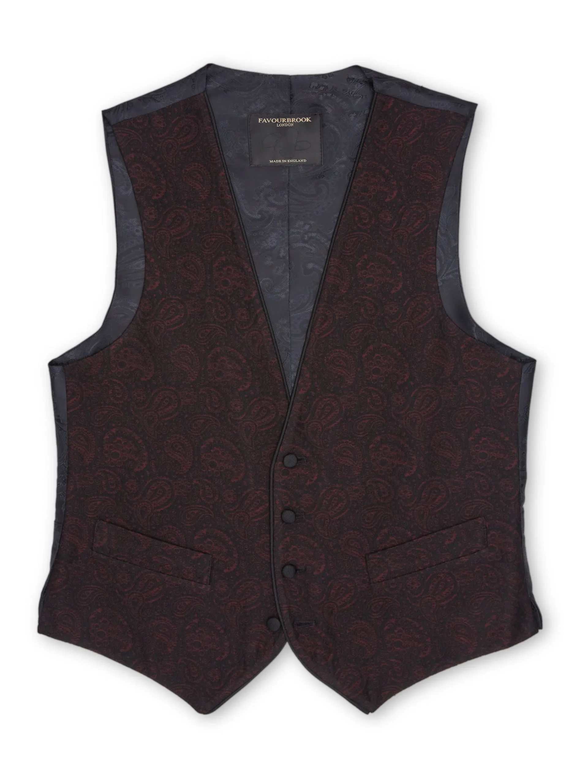 Favourbrook Burgundy Vincent Wool Single Breasted 4 Button Piped Waistcoat- Waistcoats | Single Breasted Waistcoats