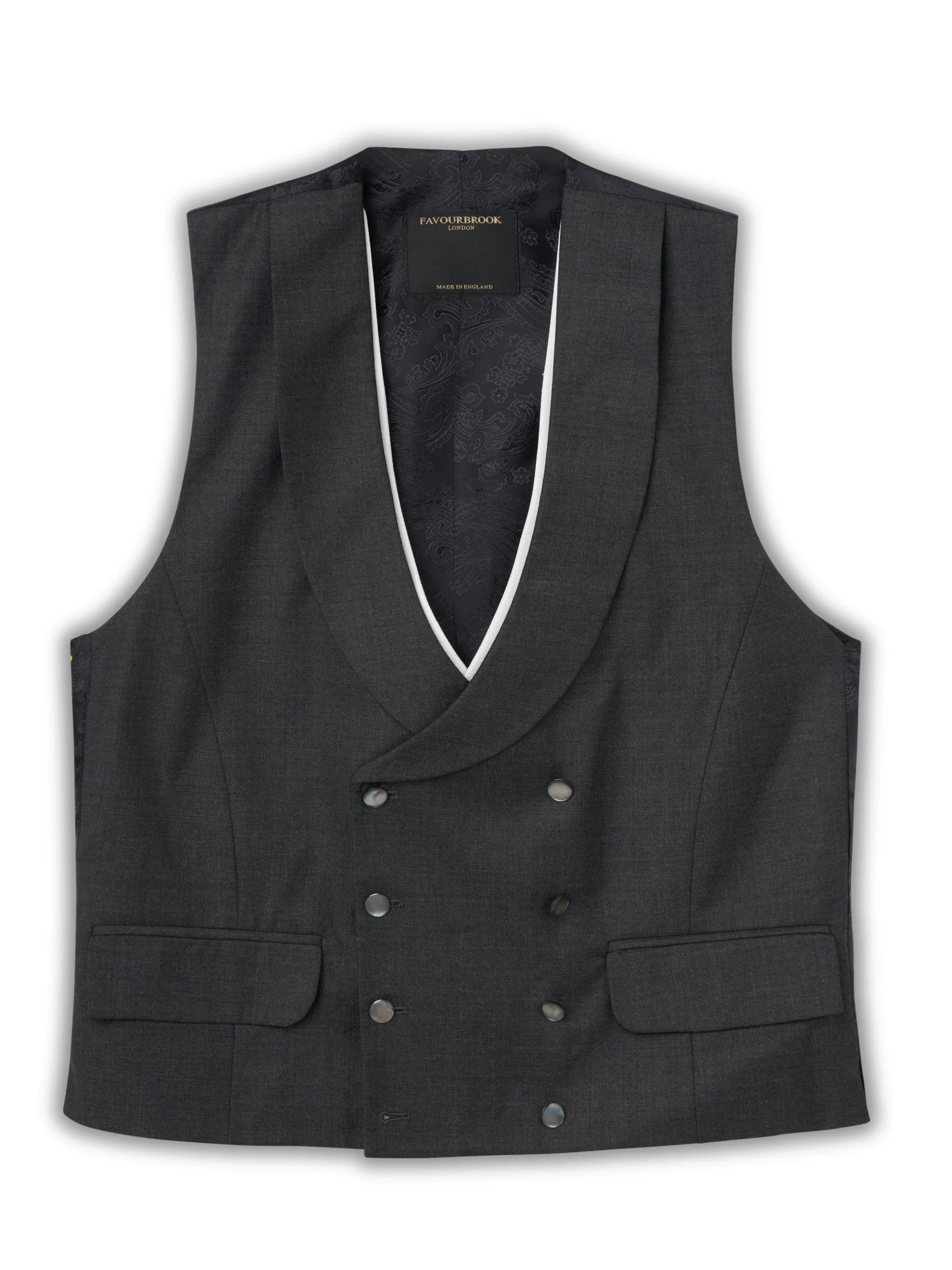 Favourbrook Charcoal Furlong Double Breasted Shawl Lapel Waistcoat with Marcella Slip- Waistcoats | Shawl Lapel Waistcoats