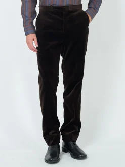 Favourbrook Chocolate Brown Velvet Cotton Flat Front Dress Trouser- Trousers | Suits